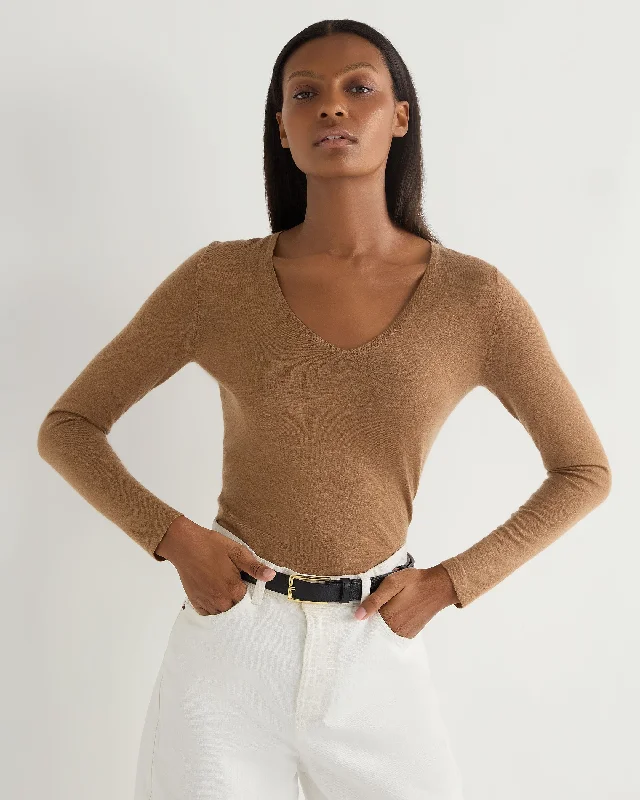 Women's Sweater for Chic Warmth-Women's Imogen Superfine Cashmere V Neck Sweater Dark Camel Brown