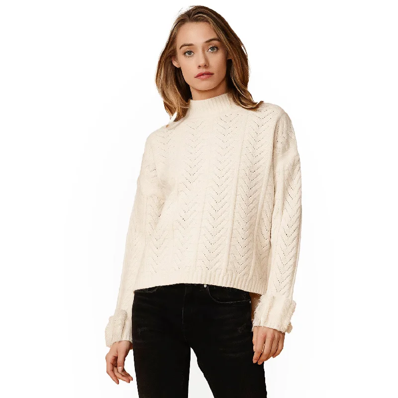 Women's Sweater for Rich Wool Blend-Women's Turtle Neck Fringe Sweater in Natural