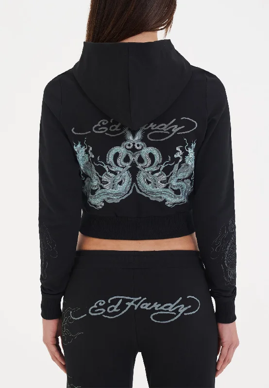Women's Soft Hoodies for Cozy Evenings -Womens Twisted Dragon Graphic Cropped Zip Thru Hoodie - Black