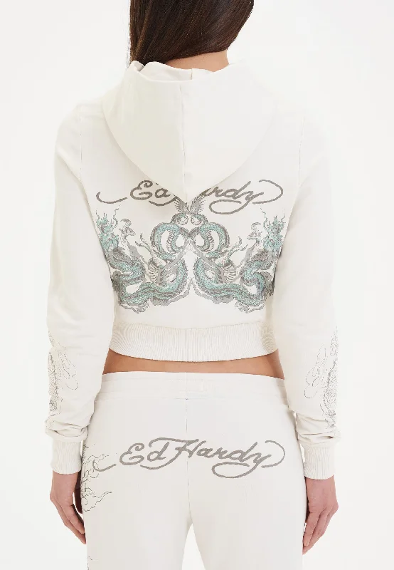 Women's Lightweight Hoodies for Spring -Womens Twisted Dragon Graphic Cropped Zip Thru Hoodie - White