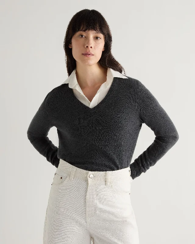 Women's Sweater with Intricate Knit Design-Women's Phoebe V Neck Cashmere Sweater Anthracite Grey