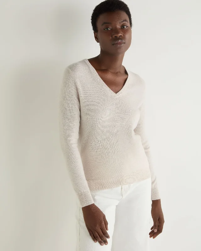 Women's Sweater with Light Weight Knit-Women's Phoebe V Neck Cashmere Sweater Frost White