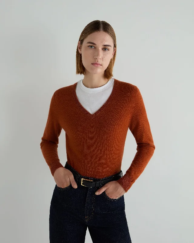 Soft Women's Sweater-Women's Phoebe V Neck Cashmere Sweater Rust Orange