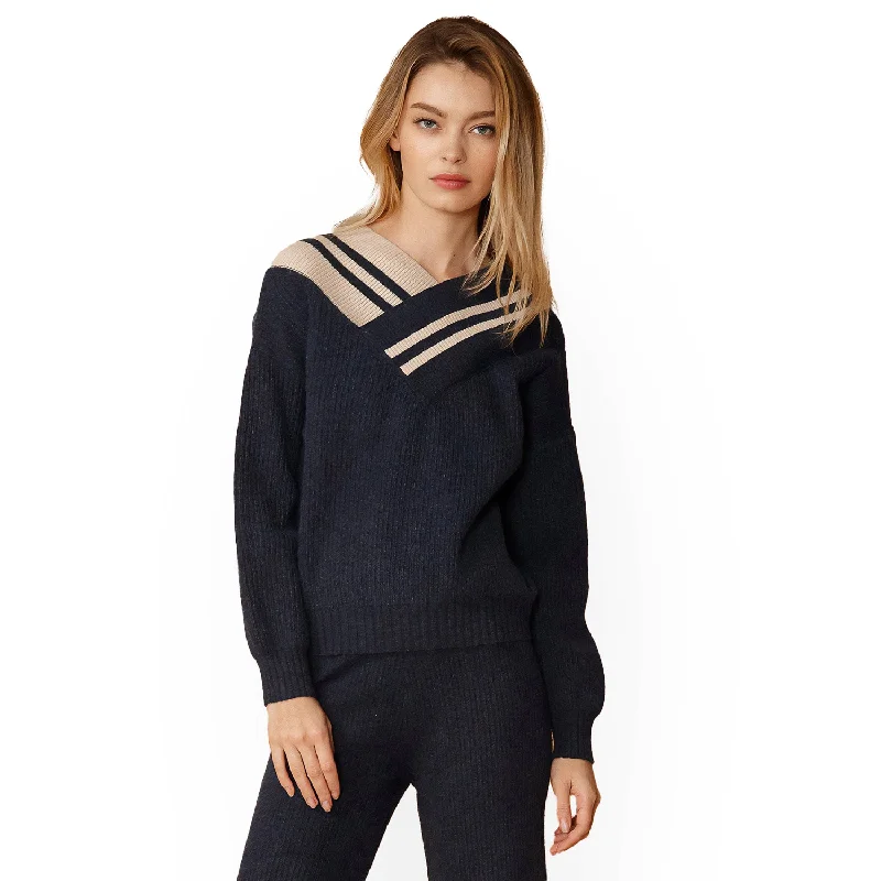 Women's Sweater with Heavy Knit-Women's Varsity Sweater in Midnight