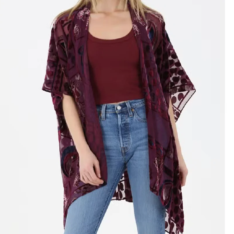 Women's Sweater with Fitted Cuffs-Women's Velvet Burnout Teardrop Patterned Kimono
