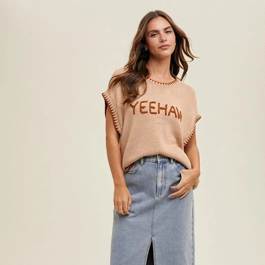 Women's Sweater with Matching Accessories-Women's "Yeehaw" Wordy Contrast Sweater in Tan