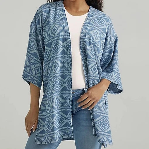 Women's Sweater with Hooded Design-Wrangler Retro Women's Geometric Denim Kimono in Denim Blue