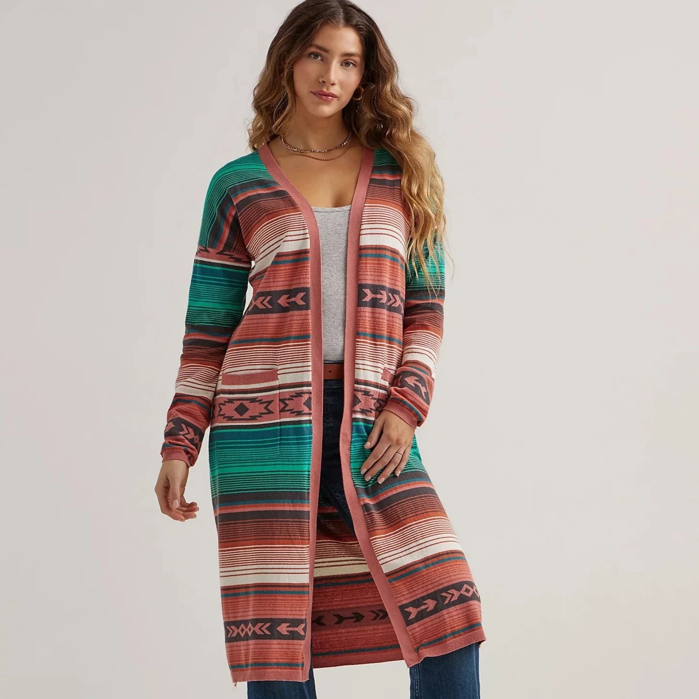 Women's Sweater for Smart Winter Layers-Wrangler Retro Women's Multicolor Pink Southwestern Duster