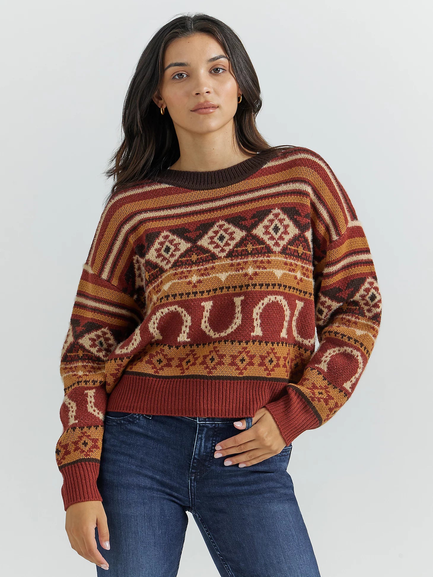 Women's Cozy Pullovers Sweater with Exaggerated Neckline-Wrangler Retro Women's Southwestern Pullover Sweater in Horseshoe Burgundy