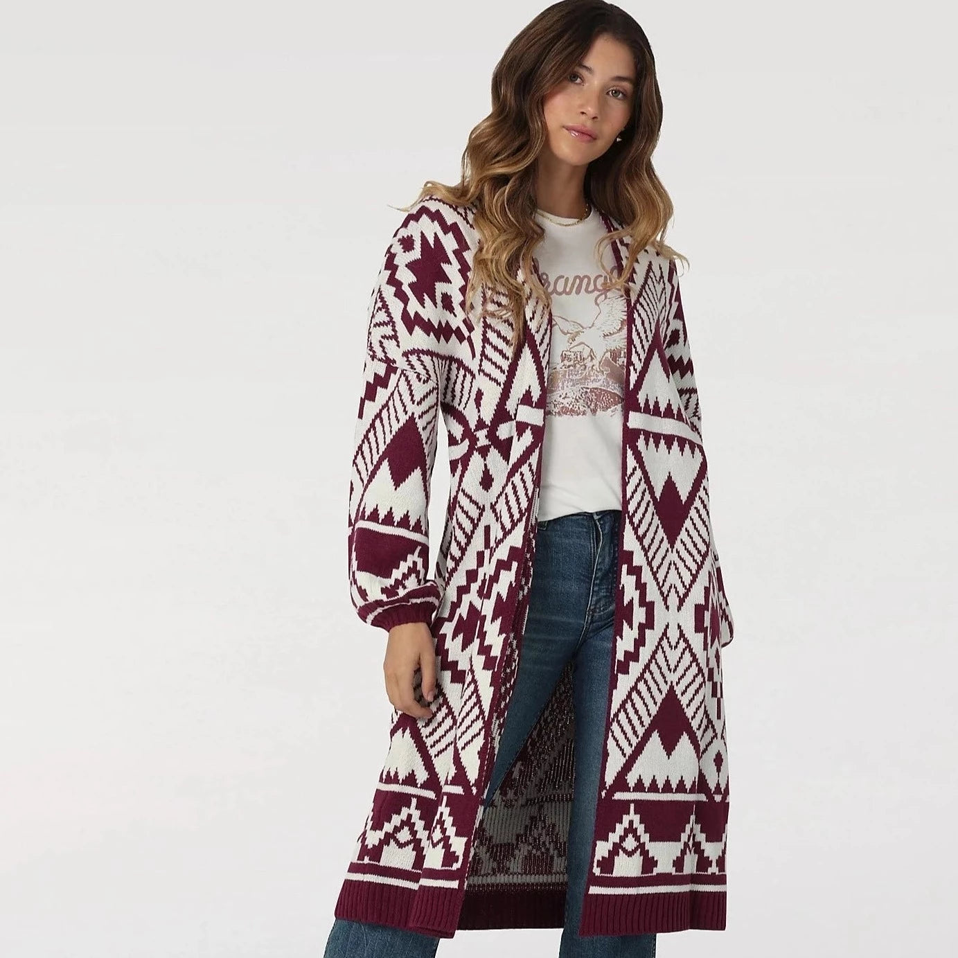 Women's Sweater for Cozy Casual Wear-Wrangler Women's Magenta Aztec Long Cardigan