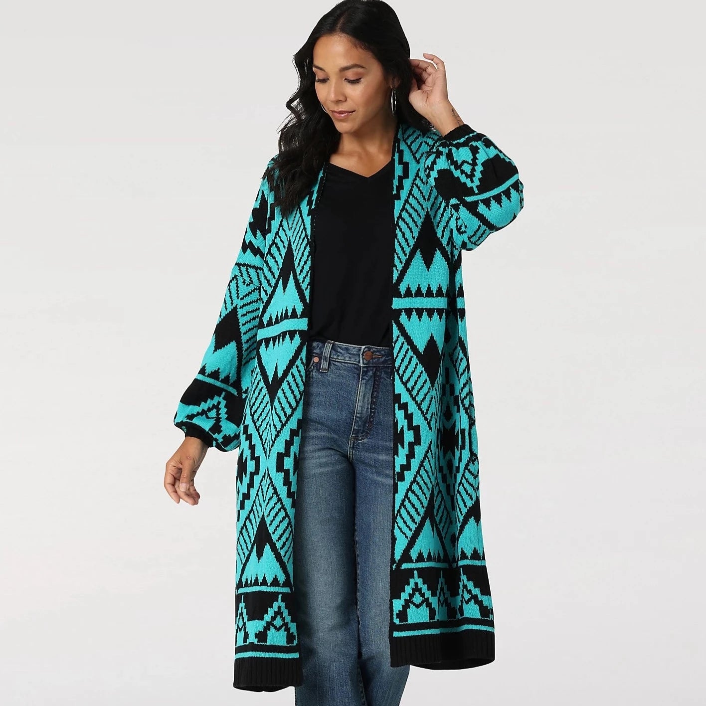 Women's Sweater for Holiday Outfits-Wrangler Women's Turquoise Aztec Long Cardigan