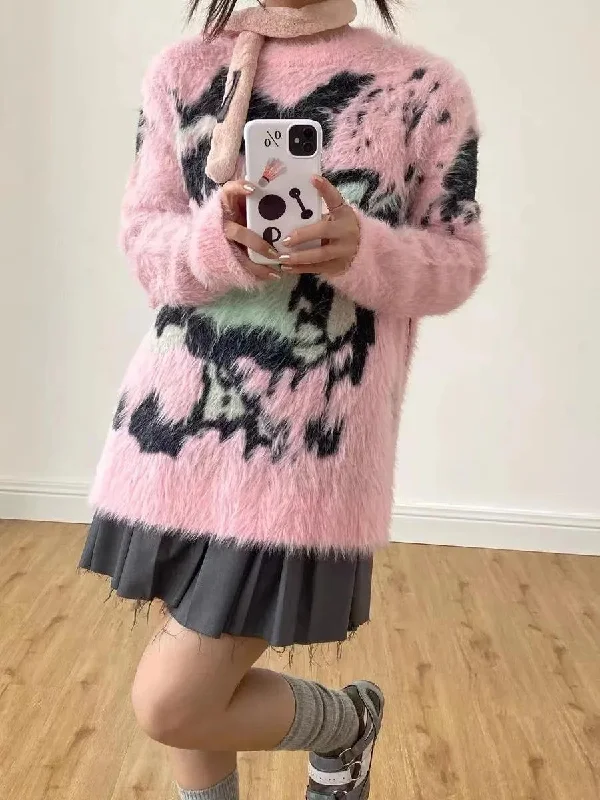 Women's Knit Sweater with Scarf Detail -Y2K Aesthetic Fuzzy Sweater