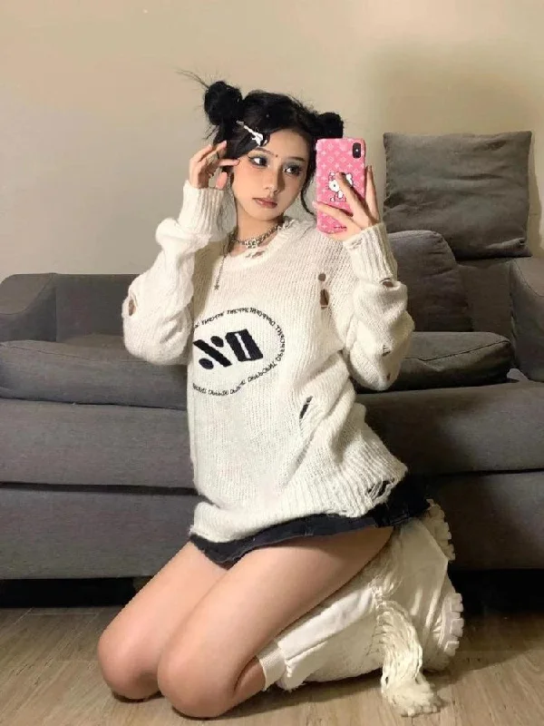 Women's Knit Sweater with Faux Fur Detail -Y2K Grunge Distressed Knitted Sweater