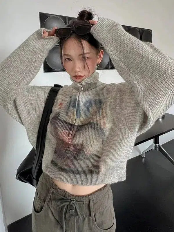 Women's Knit Sweater with Ribbed Neckline -Y2K Half Zip-Up Knitted Sweater
