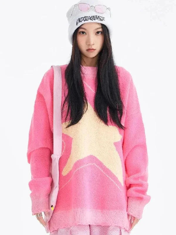 Women's Knit Sweater with Pleated Detail -Y2K Star Distressed Sweater