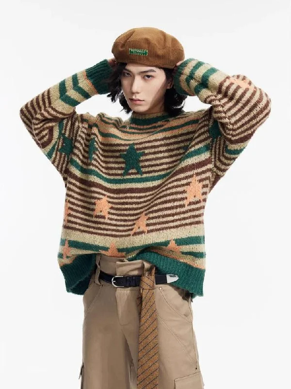 Women's Knit Sweater with Crop Style -Y2K Vintage Stars Striped Knitted Sweater