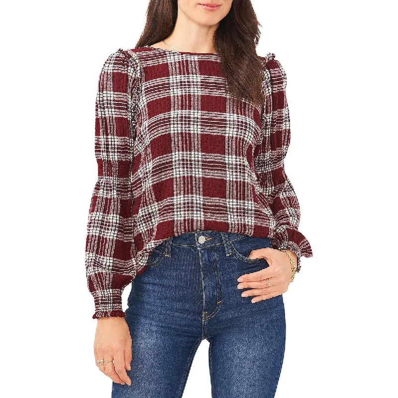 Women's Pullover with Loose Fit -1.State Womens Plaid Ruffled Pullover Top