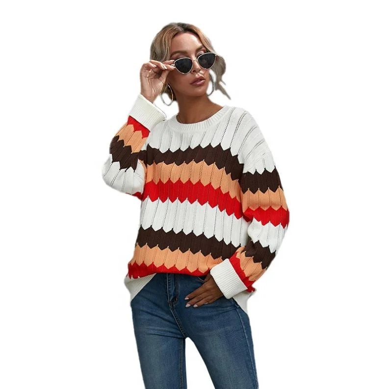 Women's Pullover Sweater with Ribbed Hems-2022 Autumn And Winter New Women's Clothing Color Matching Sweater Wave Striped Pullover Women's Pullover Sweater with Ribbed Hems-2022 Autumn And Winter New Women's Clothing Color Matching Sweater Wave Striped Pullover