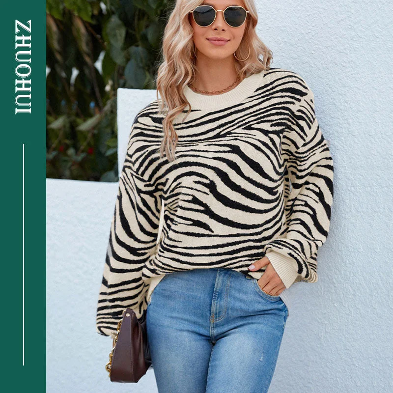 Women's Cozy Pullovers Sweater for Cold Days-2022 Autumn Casual O Neck Contrast Color Zebra Patchwork Pullover Knitting Tops Women Fashion Streetwear Coat Sweater For Ladies