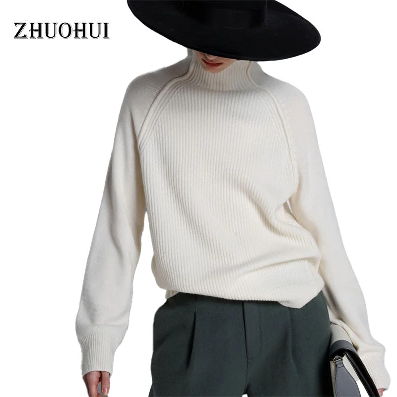 Women's Pullovers Sweater with Detailed Cuffs-2022 Autumn Fashion Turtleneck Long Sleeve Pullover Sweater Women Casual Plain Knit-Rib Loose Streetwear Sweaters Ladies