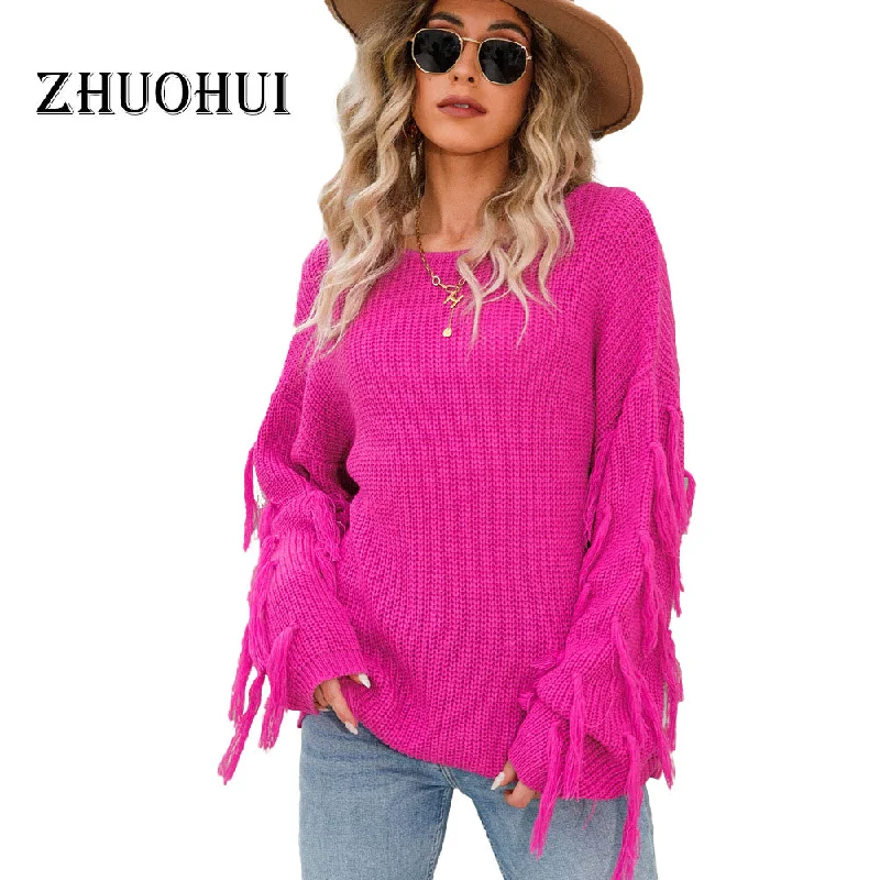 Women's Stylish Knit Pullovers Sweater-2022 New Autumn Casual Round Collar Tassels Trim Plain Knitting Pullover Sweater Tops For Women