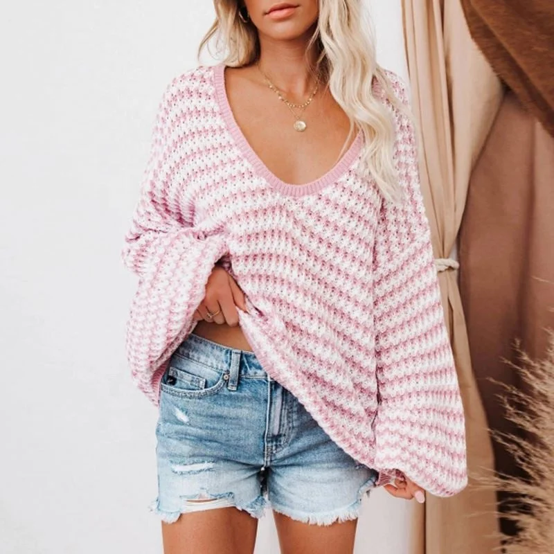 Women's Soft Wool Knit Pullover Sweater for Layering-2022 Street Wave Striped Sexy Puff Sleeve Loose Knitted Sweater Pullover For Women Women's Soft Wool Knit Pullover Sweater for Layering-2022 Street Wave Striped Sexy Puff Sleeve Loose Knitted Sweater Pullover For Women