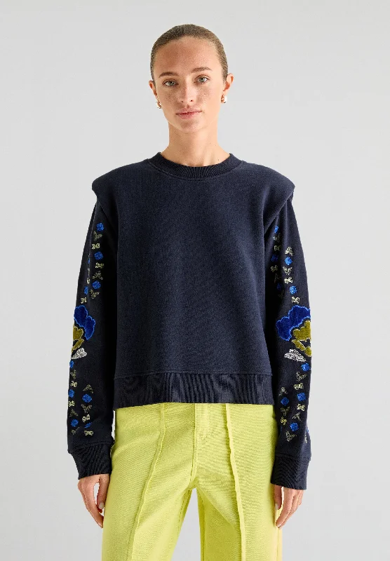 Women's Sweatshirts with Preppy Look -FLOWER EMB SWEATER
