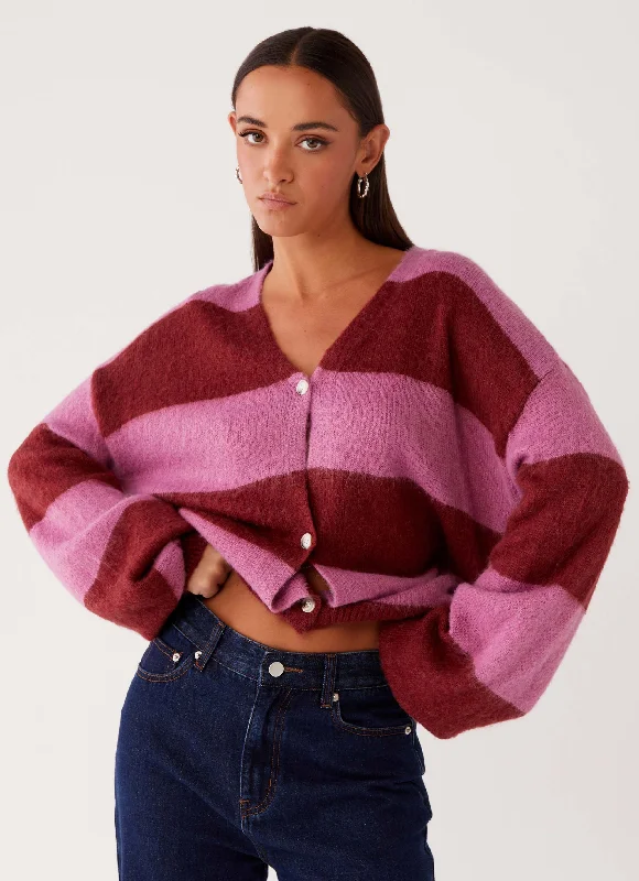 Knit Tops with Turtleneck Design-Ainslee Oversized Knit Cardigan - Red Pink Stripe