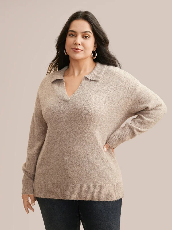 Women's Pullover Sweater with Faux Fur Collar-Airy Cozy Polo Collar Wool Pullover