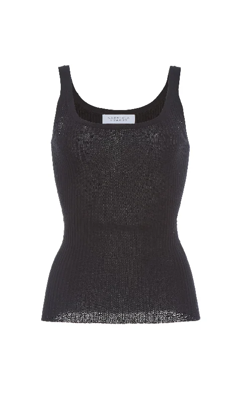Knit Tops with Waffle Knit Texture-Alicia Knit Tank Top in Black Merino Wool