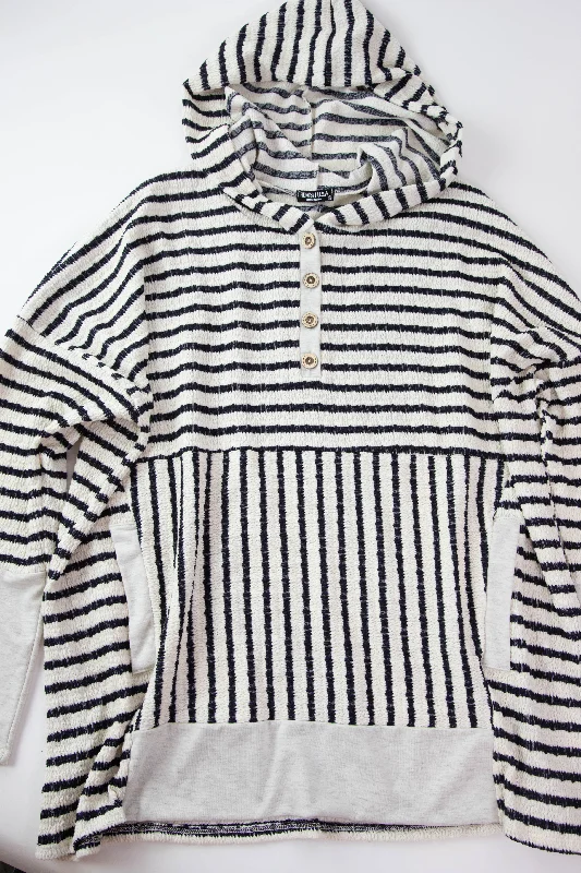 Women's Sweatshirts with Layered Design -Amalia Stripe Contrast Hoodie, Cream/Black | Extended Sizes Women's Sweatshirts with Layered Design -Amalia Stripe Contrast Hoodie, Cream/Black | Extended Sizes