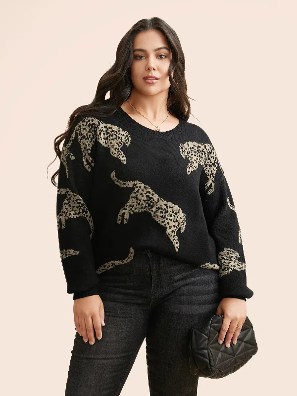Women's Wool Pullovers Sweater for Cold Weather-Animal Jacquard Drop Shoulder Sleeve Pullover Women's Wool Pullovers Sweater for Cold Weather-Animal Jacquard Drop Shoulder Sleeve Pullover