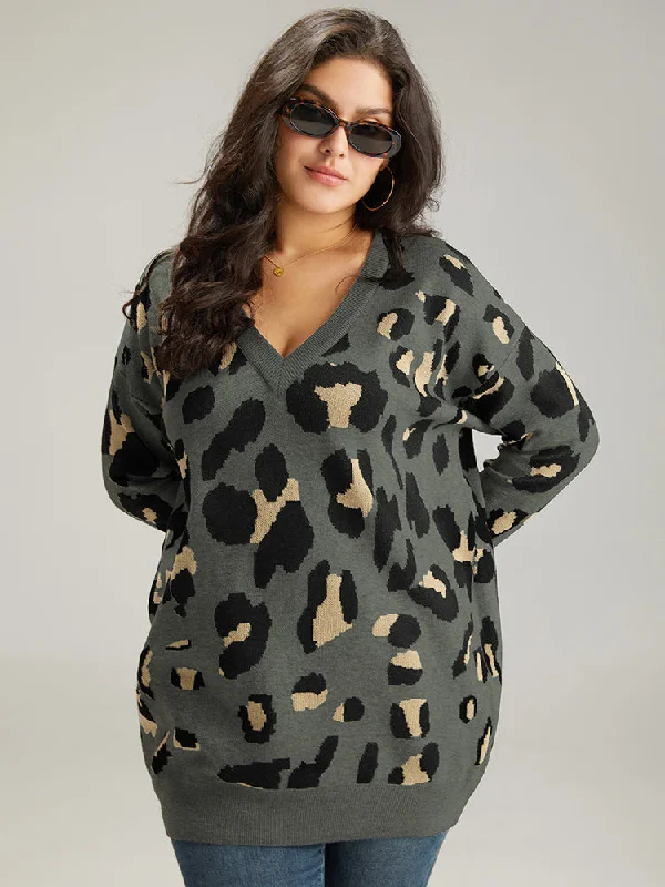 Women's Soft Wool Pullovers Sweater-Anti-Pilling Leopard Elastic Cuffs Pullover