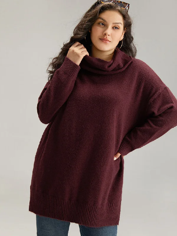 Women's Casual Fit Pullovers Sweater-Anti-Pilling Split Side Turtle Neck Pullover