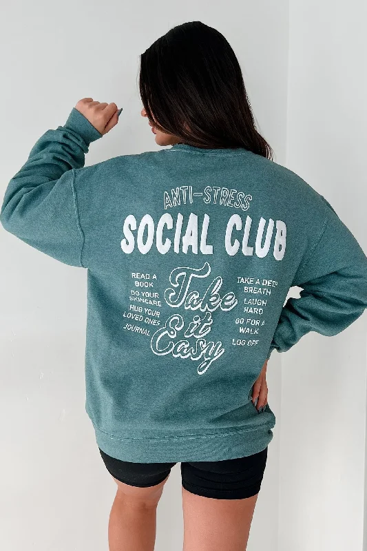 Women's Sweatshirts with Chic Sporty Look -"Anti-Stress Social Club" Oversized Graphic Sweatshirt (Dark Forest)