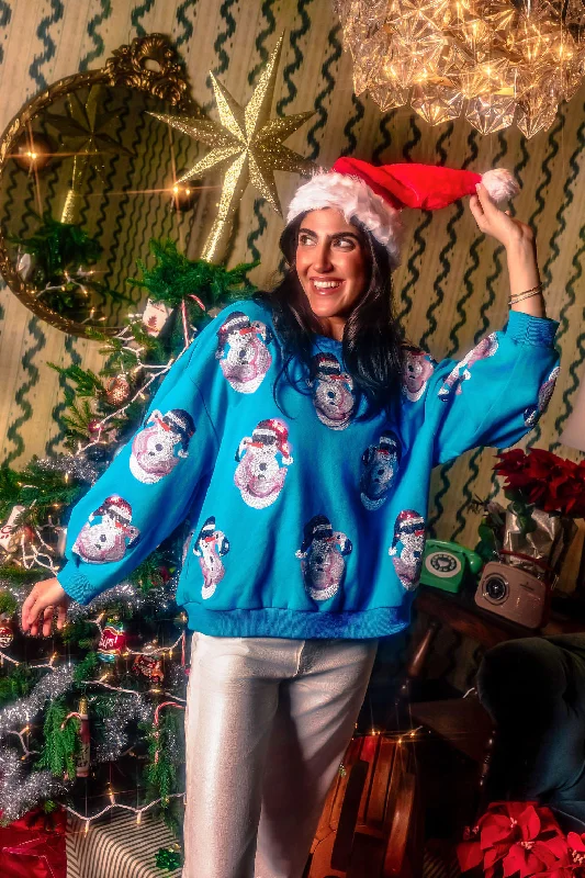 Women's Sweatshirts for Gym Style -Aqua Blue Santa Hat Snowman In Flamingo Float Sweatshirt