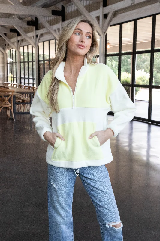 Women's Sweatshirts with Printed Sleeves -Aryanna Mock Neck Fleece Top, White/Yellow