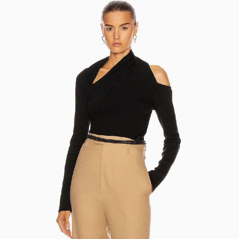 Women's Trendy Wool Pullover Sweater with Simple Design-Asymmetric Long Sleeve Cutout French Knit Pullover Top - Black