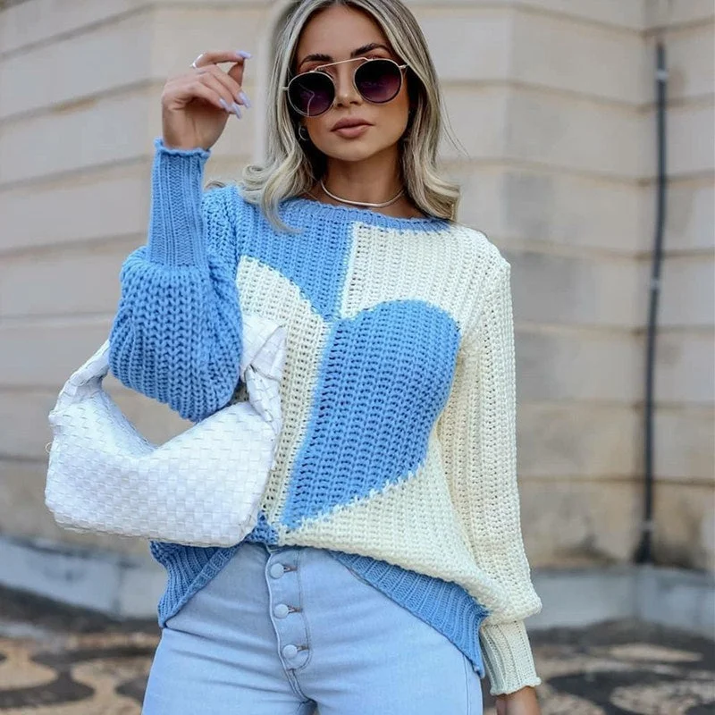 Women's Stylish Knit Pullover Sweater for Layering-Autumn And Winter New Round Neck Irregular Pullover Base Women's Elegant Bell Sleeve Love Contrast Color Knitted Sweater Women's Stylish Knit Pullover Sweater for Layering-Autumn And Winter New Round Neck Irregular Pullover Base Women's Elegant Bell Sleeve Love Contrast Color Knitted Sweater