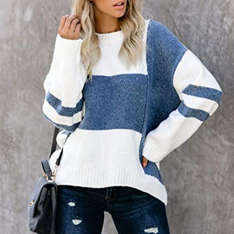 Women's Woolen Knit Pullover Sweater for Casual Wear-Autumn And Winter New Striped Retro European American Street Hipster Sweater Color Contrast Patchwork Round Neck Pullover Women's Woolen Knit Pullover Sweater for Casual Wear-Autumn And Winter New Striped Retro European American Street Hipster Sweater Color Contrast Patchwork Round Neck Pullover