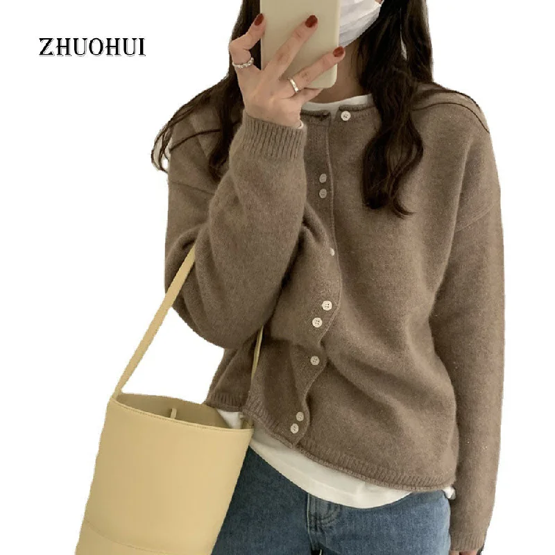 Women's Blouses for Layering -Autumn Casual Lazy Style Round Neck Single Breasted Sweater Coat Blouse Women Plain Loose Cardigan Jacket Ladies
