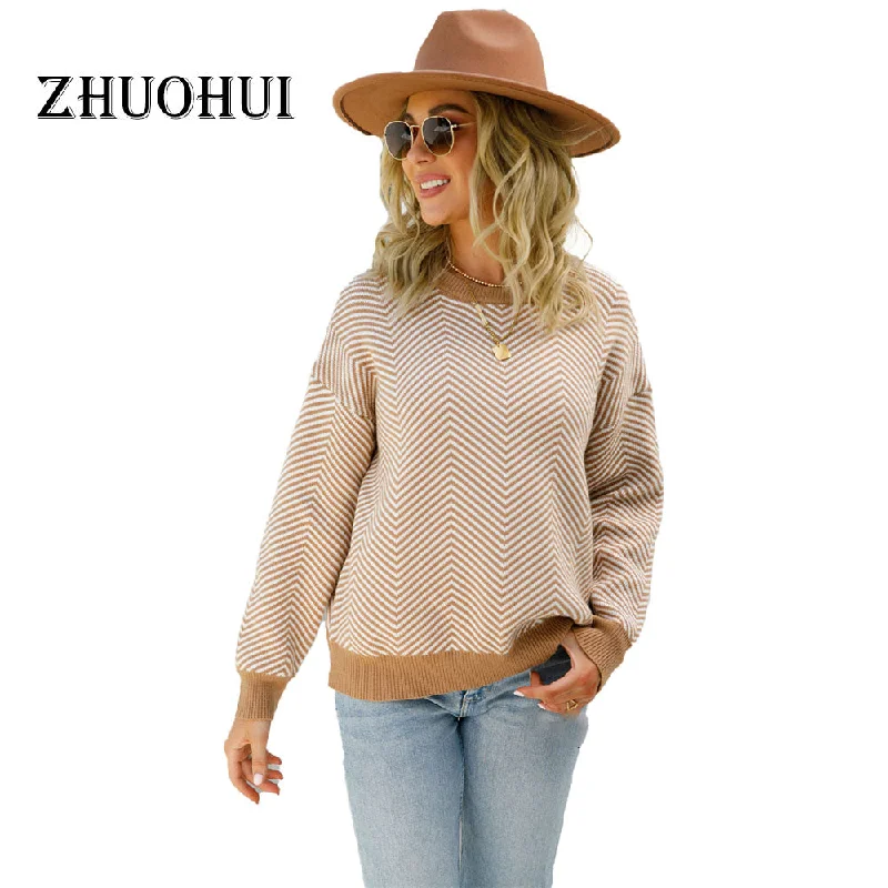 Women's Pullovers Sweater with Geometric Pattern-Autumn Winter Casual Wavy Grain Round Collar Patchwork Pullover Knitting Tops Women Sweater Women's Pullovers Sweater with Geometric Pattern-Autumn Winter Casual Wavy Grain Round Collar Patchwork Pullover Knitting Tops Women Sweater