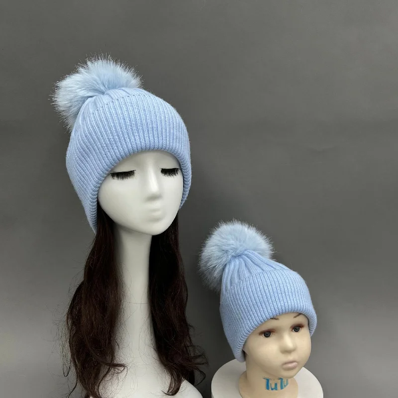 Summer Knit Tops for Women -Baby Blue Faux Fur Bobble Hat