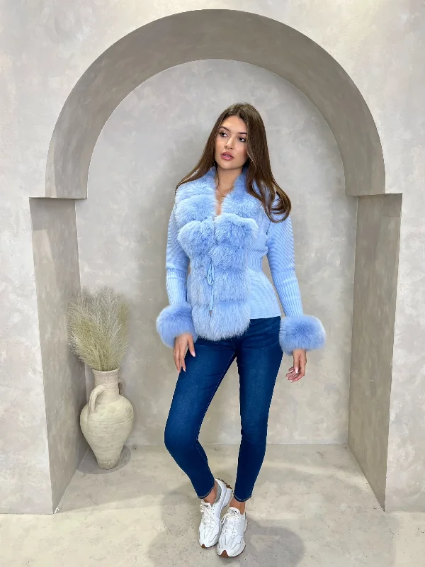 Knit Tops with Waist Tie-Baby Blue Luxury Fur Cardigan
