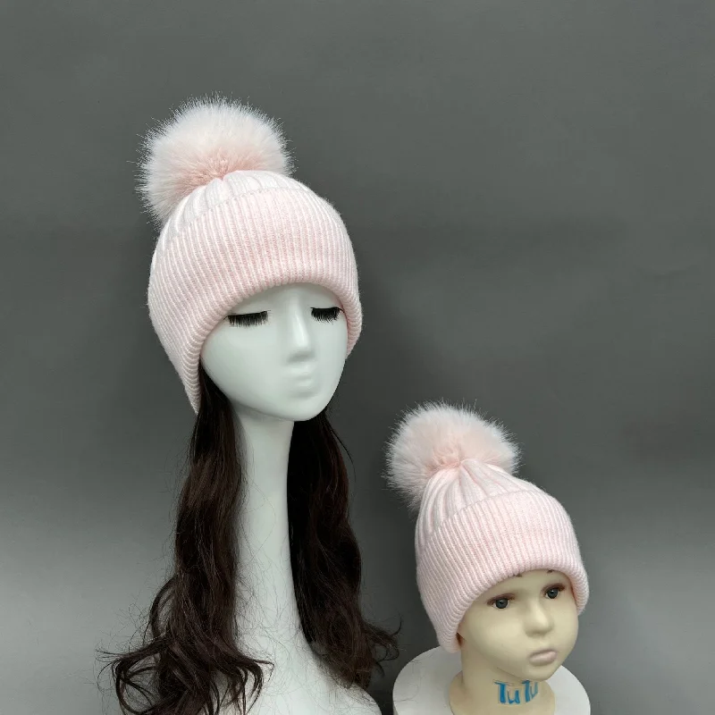 Cotton Knit Sweater for Women -Baby Pink Faux Fur Bobble Hat