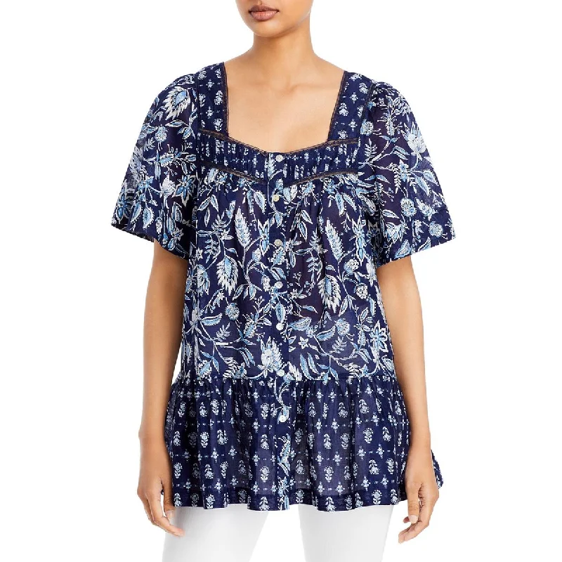 Women's Banded Collar Shirts -Beach Lunch Lounge Womens Nica Square Neck Printed Button-Down Top