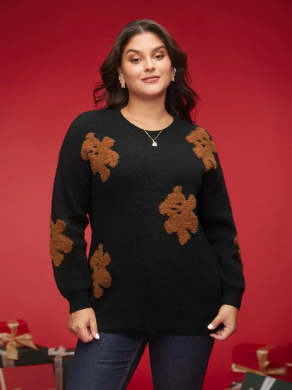 Women's Cozy Pullover Sweater with Soft Wool-Bear Motifs Jacquard Puffy Sleeves Pullover Women's Cozy Pullover Sweater with Soft Wool-Bear Motifs Jacquard Puffy Sleeves Pullover