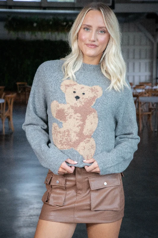 Women's Classic Crewneck Pullovers Sweater-Bear Pullover Sweater, Grey