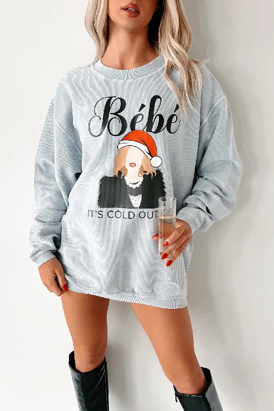 Women's Sweatshirts for Lazy Sundays -"Bebe It's Cold Outside" Corded Graphic Crewneck (Faded Denim) - Print On Demand