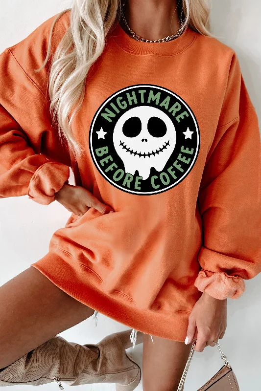 Women's Sweatshirts for Winter Travel -"Before Coffee" Parody Graphic Crewneck (Pumpkin) - Print On Demand Women's Sweatshirts for Winter Travel -"Before Coffee" Parody Graphic Crewneck (Pumpkin) - Print On Demand